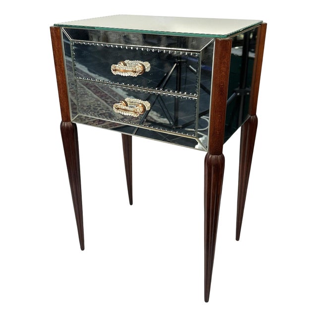 French Beveled Mirror and Beech Nightstand, 1960s For Sale