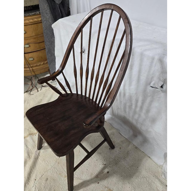 Late 20th Century Vintage Solid Wood Windsor Bow Back Armchair in Dark Oak Finish For Sale - Image 5 of 6