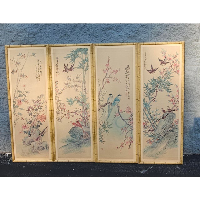 Asian Set of Four 20th Century Asian Style Watercolor Painted Wall Panels For Sale - Image 3 of 10