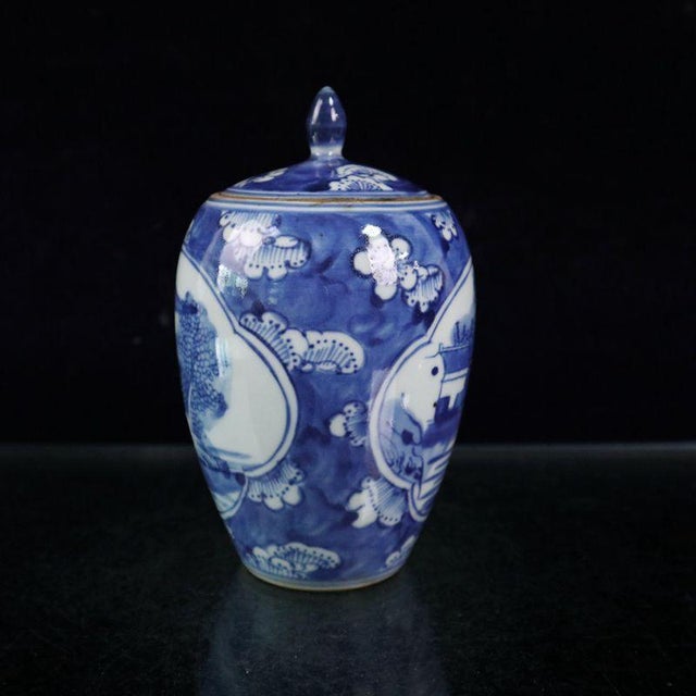 Chinese Chinese Blue & White Porcelain Landscape Covered Jar - 6" Tall For Sale - Image 3 of 8