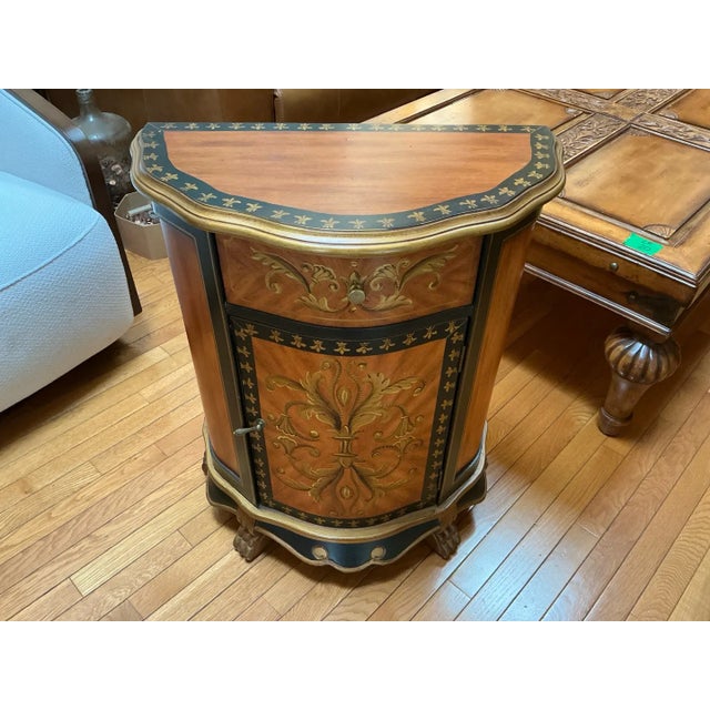 French-Inspired Reproduction Demilune Cabinet With Gold Fleur-De-Lis Motif For Sale - Image 4 of 6