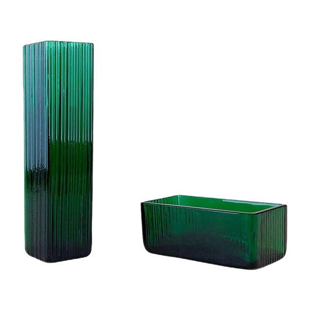 Vase and Green Crystal Glass Bowl from WMF, 1960s, Set of 2 For Sale