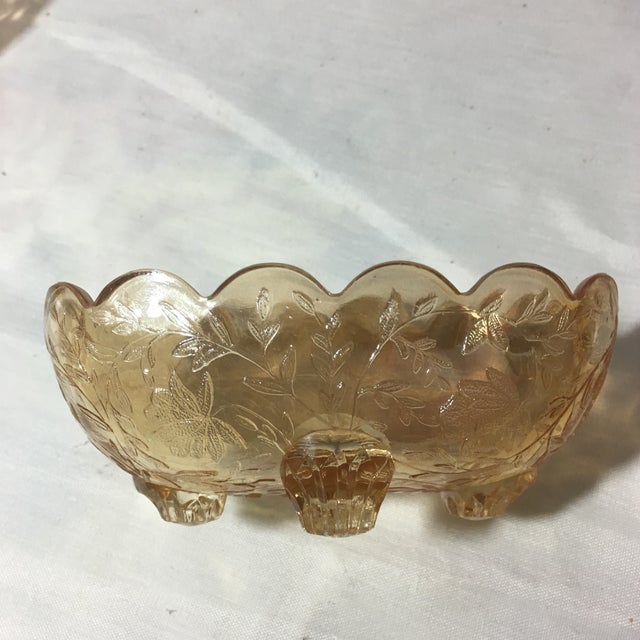 Vintage Jeanette Floral Iridescent Floragold Louisa Scallop Footed Oval Bowls - Set of 2 For Sale - Image 9 of 11