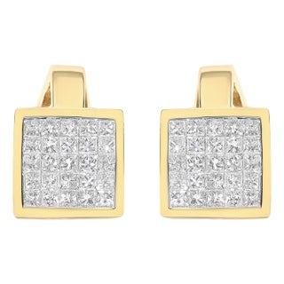 14K Yellow Gold 3-1/5 Cttw Princess Cut Diamond ¾ Square Invisible Set Grid Huggy Style Omega Back Stud Earrings (G-H Color, VS1-VS2 Clarity) For Sale
