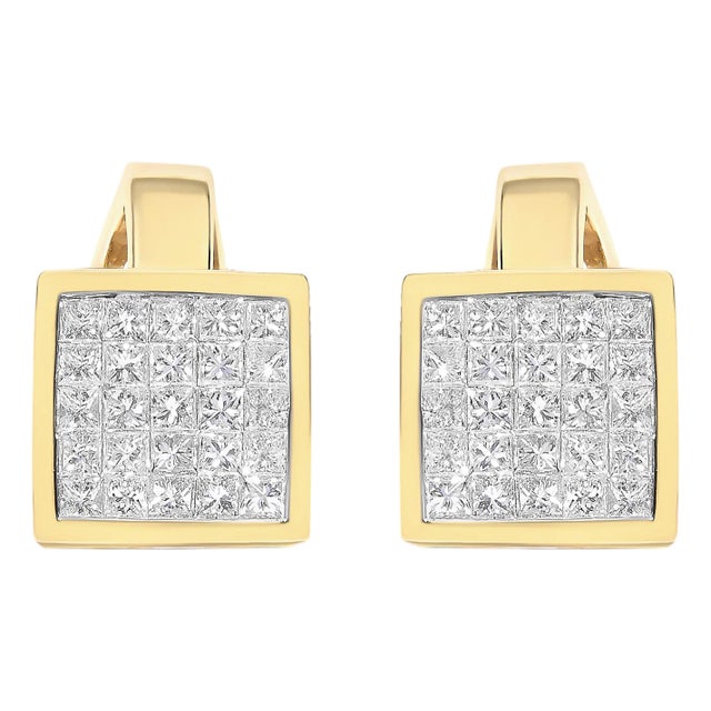 14K Yellow Gold 3-1/5 Cttw Princess Cut Diamond ¾ Square Invisible Set Grid Huggy Style Omega Back Stud Earrings (G-H Color, VS1-VS2 Clarity) For Sale