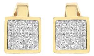14K Yellow Gold 3-1/5 Cttw Princess Cut Diamond ¾ Square Invisible Set Grid Huggy Style Omega Back Stud Earrings (G-H Color, VS1-VS2 Clarity)