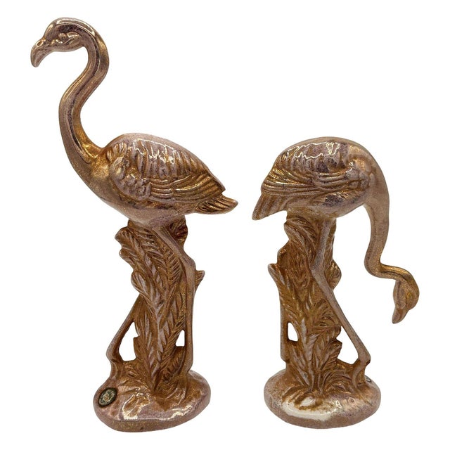 Rare Mid 20th Century Speckled Gold Ceramic Pink Flamingo Statue by McCulloch, Pair For Sale - Image 4 of 7