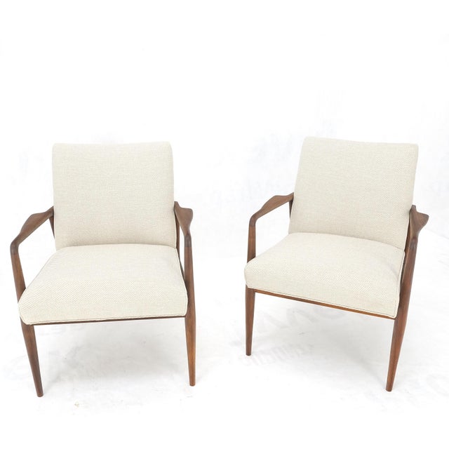 New Oatmeal Tweed Upholstery Oiled Walnut Side Arm Chairs Jens Risom Style MINT! For Sale - Image 11 of 14