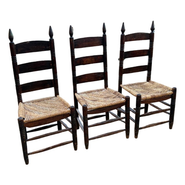 Set of Three Antique Primitive Ladder-Back Chairs With Woven Herringbone Rush Seats and Finials For Sale