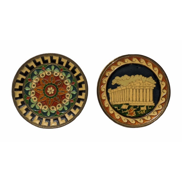 Vintage Greek Parthenon Enameled Brass Decorative Wall Hangings- Set of 2 For Sale - Image 12 of 12