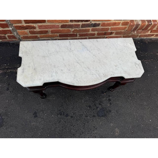 Antique Victorian Marble Top Flame Mahogany Low Console Table For Sale - Image 12 of 16
