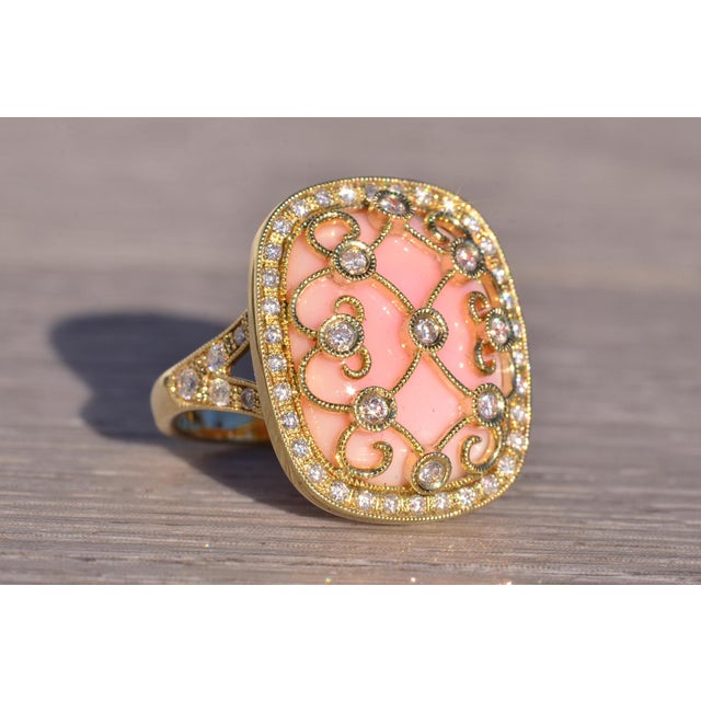 Gold The 154th Avenue: Pink Coral and Natural Diamond Cocktail Ring in Yellow Gold For Sale - Image 8 of 11