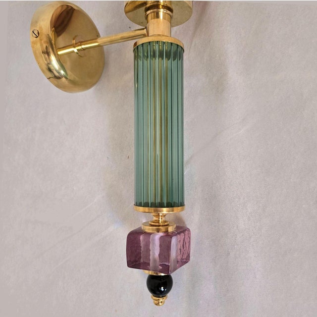 Metal 1990s Burgundy and Green Murano Glass Sconces - a Pair For Sale - Image 7 of 11