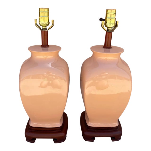 Vintage Peach Colored Asian Ginger Jar Style Table Lamps-Pair For Sale