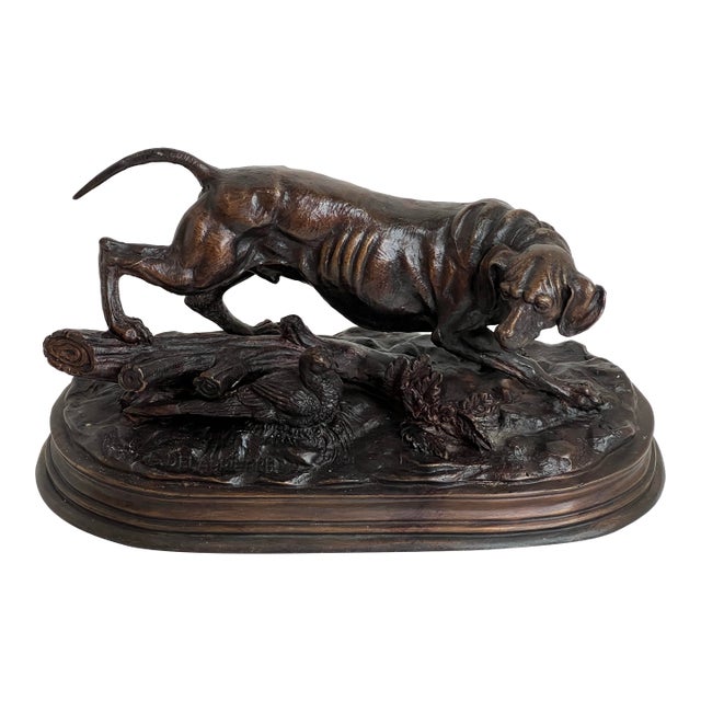 Antique French Bronze Hunting Dog Sculpture Signed E. Delabrièrre – Animalier Pointer With Game Bird c.1900 For Sale
