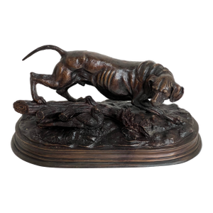 Antique French Bronze Hunting Dog Sculpture Signed E. Delabrièrre – Animalier Pointer With Game Bird c.1900