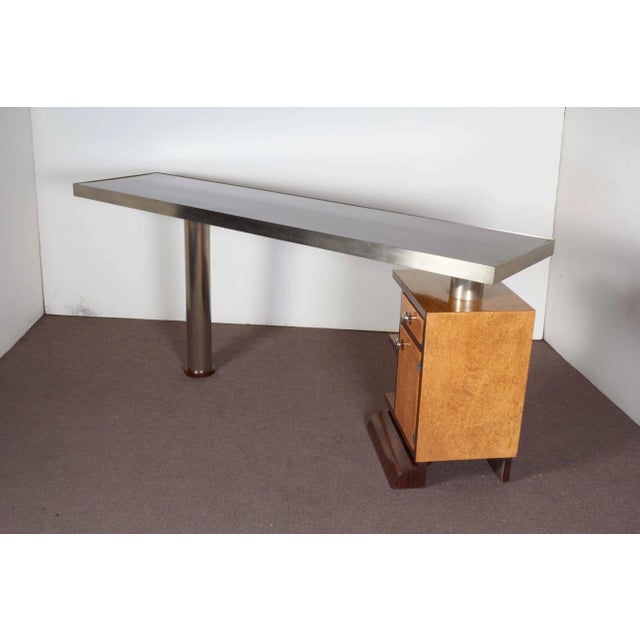 Contemporary Minimalist Narrow Modular Reversible Desk in Two Tone Wood and Nickel For Sale - Image 3 of 12