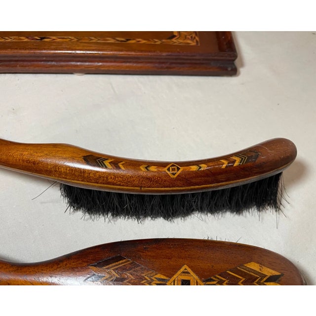 4 Piece Antique Handmade Folk Art Marquetry Wood Brush Vanity Grooming Set For Sale - Image 11 of 12