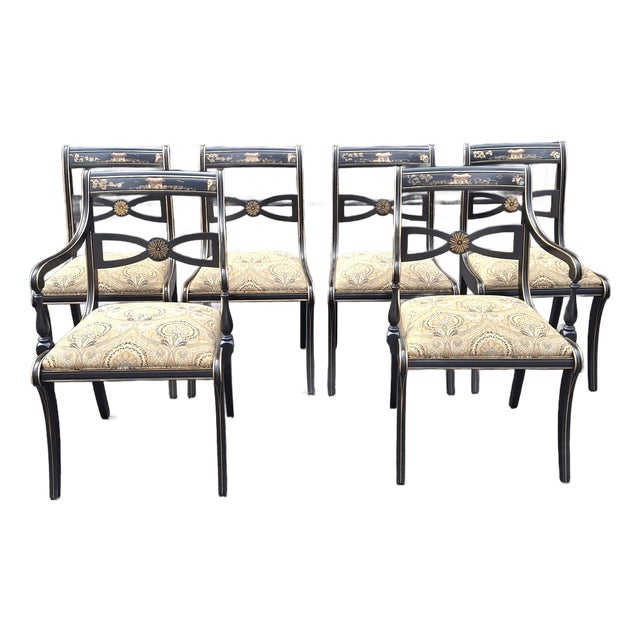 Late 20th Century Black Lacquer Chinoiserie Klismos Regency Style Dining Chairs Attributed to Drexel - Set of 6 For Sale