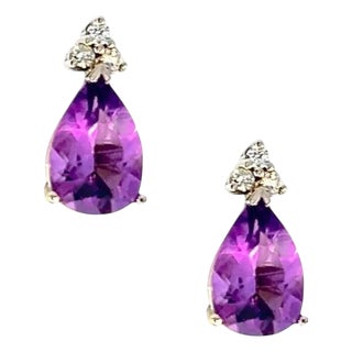 Natural Amethyst Diamond Earrings 14k W Gold 3.62 TCW Certified For Sale