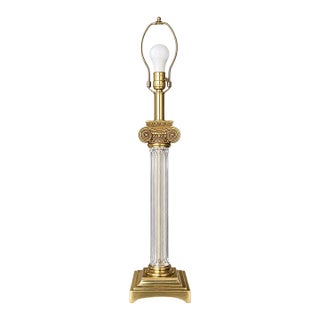 Vintage Neoclassical Table Lamp Featuring a Clear Fluted Glass Column Paired With Ornate Brass Corinthian Detailing For Sale