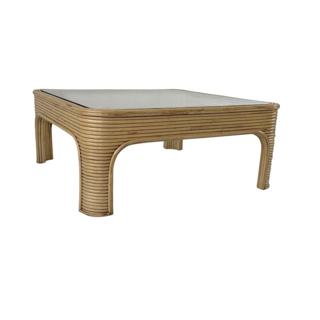 Style of Gabriellea Crespi Pencil Reed Coffee Table, 1970. Measures 15.75” tall 37.75” x 37.5”
