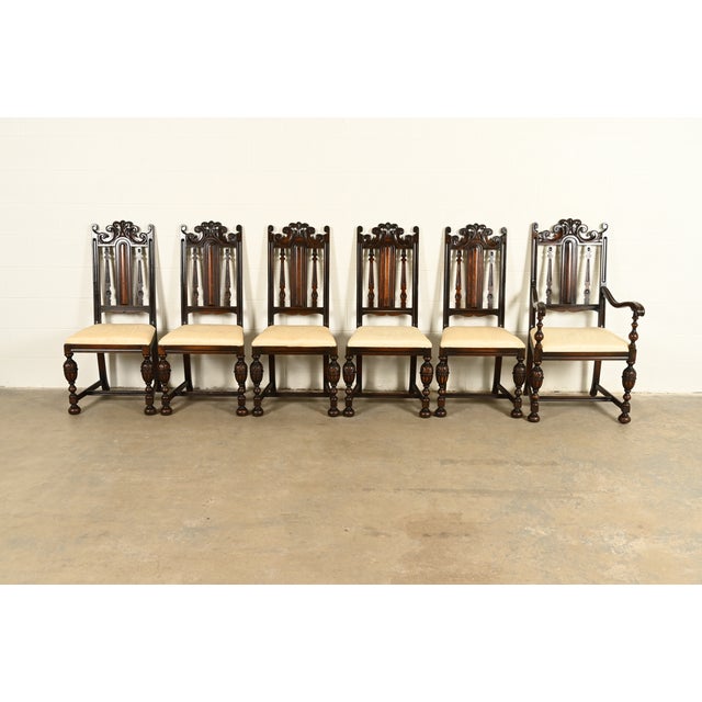 English Berkey & Gay Antique English Jacobean Carved Walnut Dining Chairs, Set of Six For Sale - Image 3 of 14