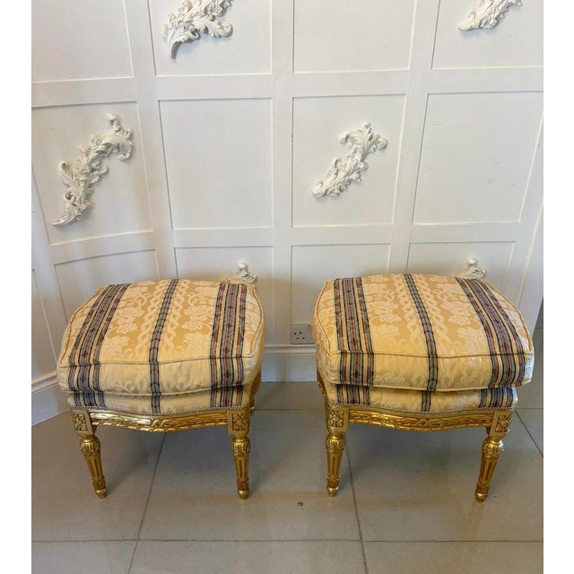 Antique French Upholstered Carved Giltwood Ottomans, 1920, Set of 2 For Sale - Image 4 of 12