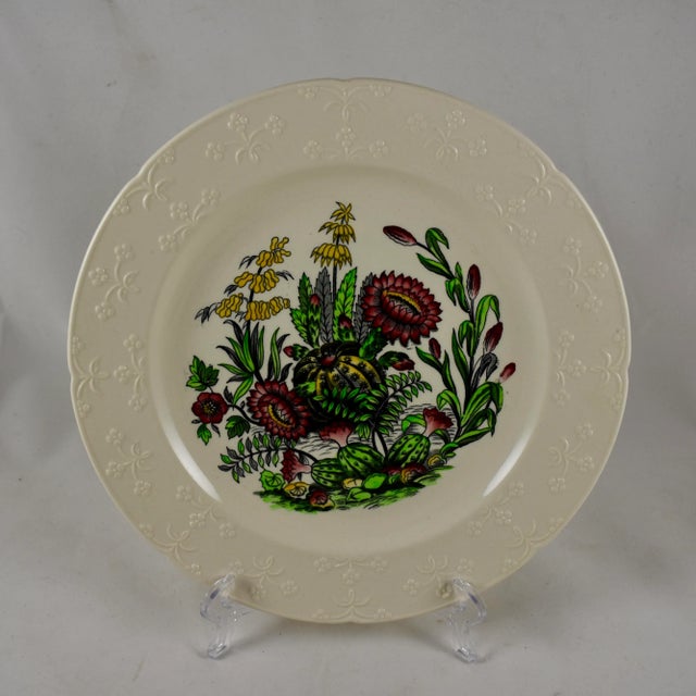 An unusual set of six Staffordshire, colored Transferware plates with embossed rims, marked Copeland Spode, England, circa...