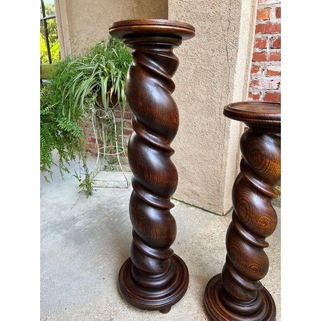 Pair Set of 2 Antique French Pedestal Stand Barley Twist Oak Large Plant Columns For Sale - Image 14 of 18