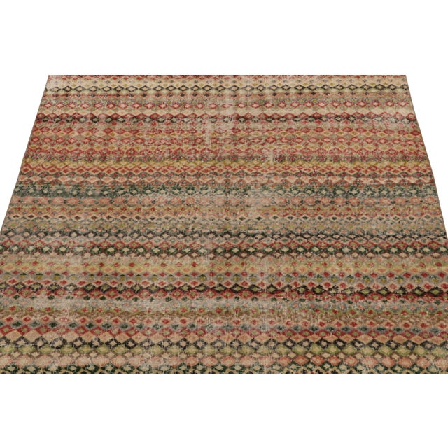 Turkish 1960s Vintage Turkish Rug in Red, Green and Pink Geometric Pattern, Distressed For Sale - Image 3 of 7