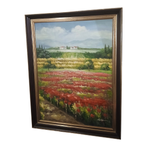 1990s Vintage Large Italian Countryside Landscape, Acrylic on Canvas
