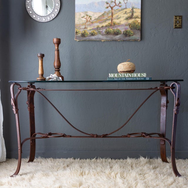 Metal Jacques Adnet Hermes Style Iron Leather Bridle Strap Equestrian Console Table For Sale - Image 7 of 18