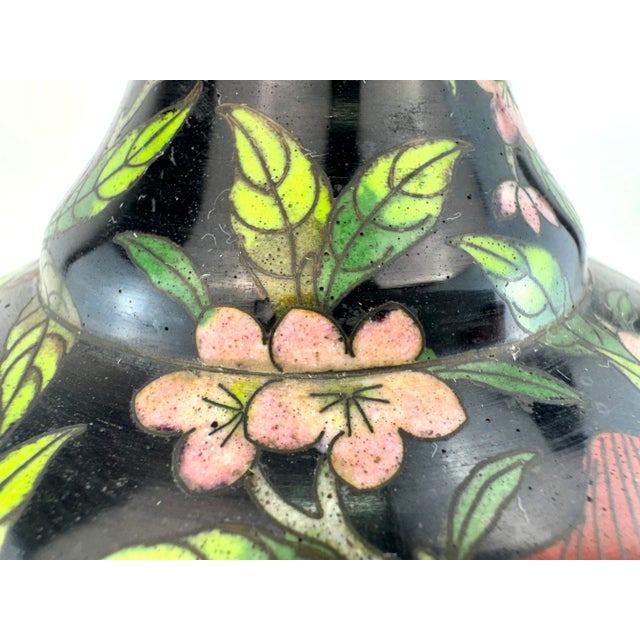 Metal Vintage Cloisonné Floral Vase With Black Ground and Cherry Blossom Motif For Sale - Image 7 of 14