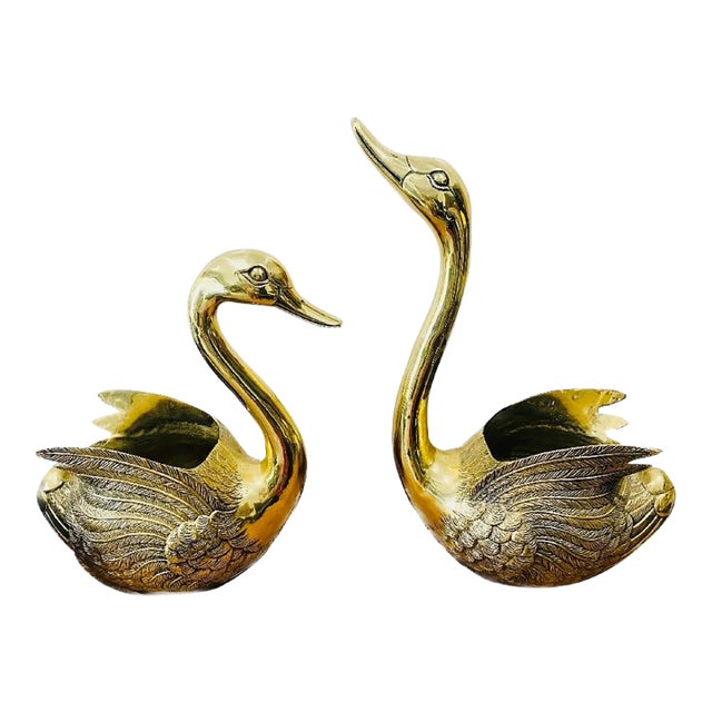 Mid 20th Century Sculptural Monumental Brass Swans Planters Restored - A Pair For Sale