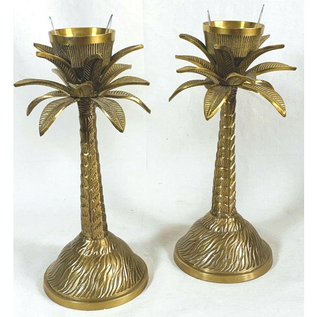1990s Brass Tropical Palm Trees Candlesticks Candle Holders a Pair