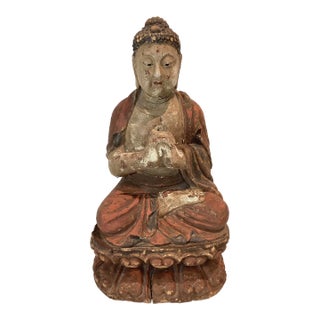 Antique Solid Wood Carved Buddha Statue Sculpture For Sale