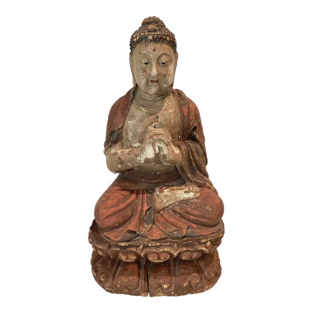Antique Solid Wood Carved Buddha Statue Sculpture For Sale