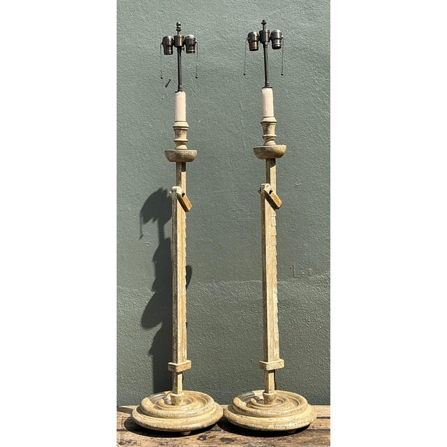 Wood Vintage Patinated Extendable Floor Lamps - A Pair For Sale - Image 7 of 12
