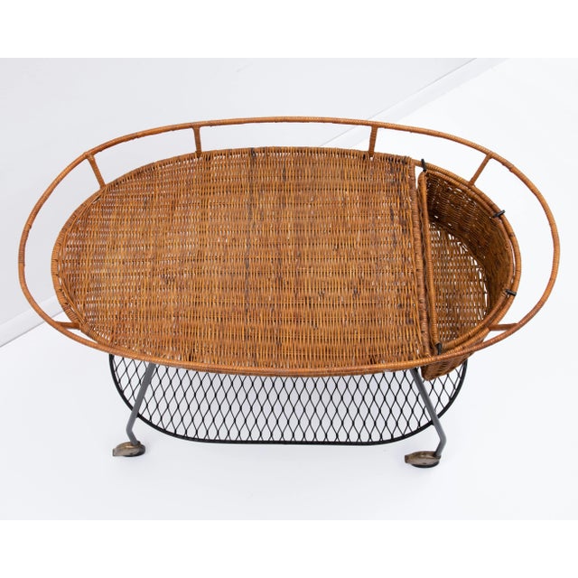 1960s Mid Century Rattan Iron Tea Cart Attributed Arthur Umanoff Unmarked For Sale - Image 12 of 13