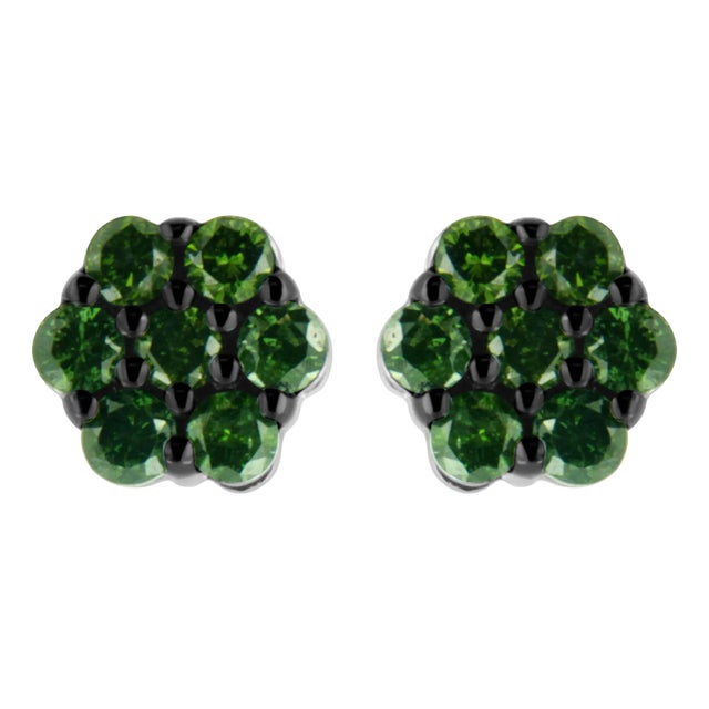 .925 Sterling Silver 1/2 cttw Prong Set Round-Cut Treated Green Diamond Floral Cluster Stud Earring For Sale