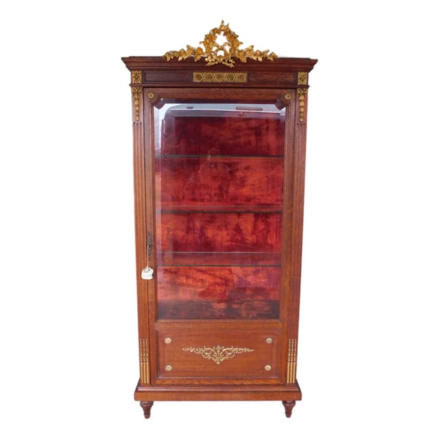 Antique Oak French Louis XVI Style Gilt Bronze Mounted Vitrine Display Cabinet For Sale