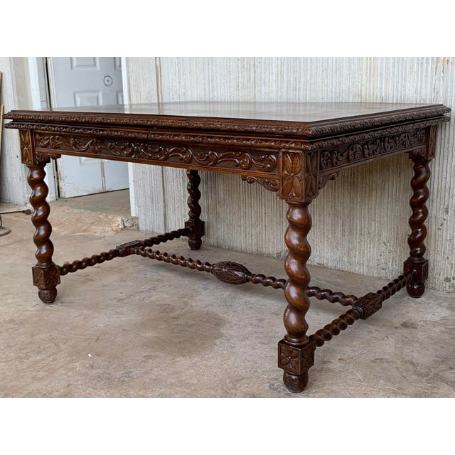 Late 19th Century 19th Spanish Baroque Walnut Solomonic Legs Extendable Table With Carved Frame For Sale - Image 5 of 13