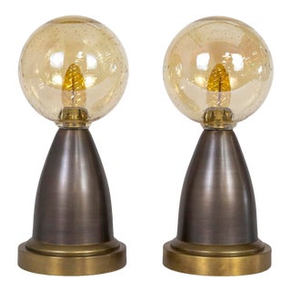 Late 20th Century Modern Minimalist Brass Lamps W/ Amber Seeded Glass Globe Shades - a Pair For Sale