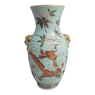 Antique Chinese Qing Turquoise Porcelain Dragon Vase With Lion Mask Ring Handles For Sale