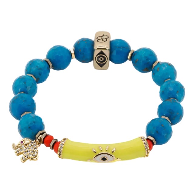 Evil Eye & Elephant Turquoise Stone Beaded Bracelet For Sale