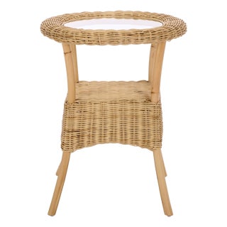 Damary Wicker Rattan Accent Table in Natural with Glass Top For Sale