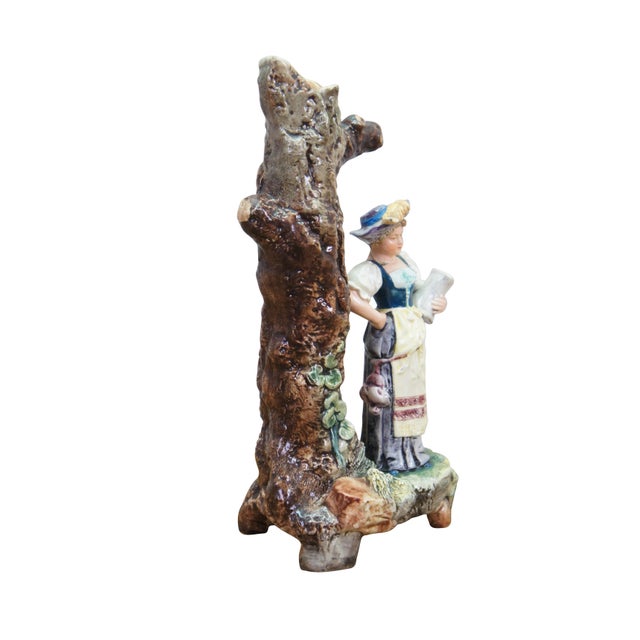 Victorian Antique Continental Majolica Figural Spill Vase Pheasant Woman Tree Trunk Figure For Sale - Image 3 of 12