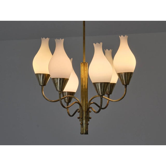 Six Arm Chandelier in Brass and Opal Glass by Edvard Hagman, Sweden, 1956 For Sale - Image 10 of 12