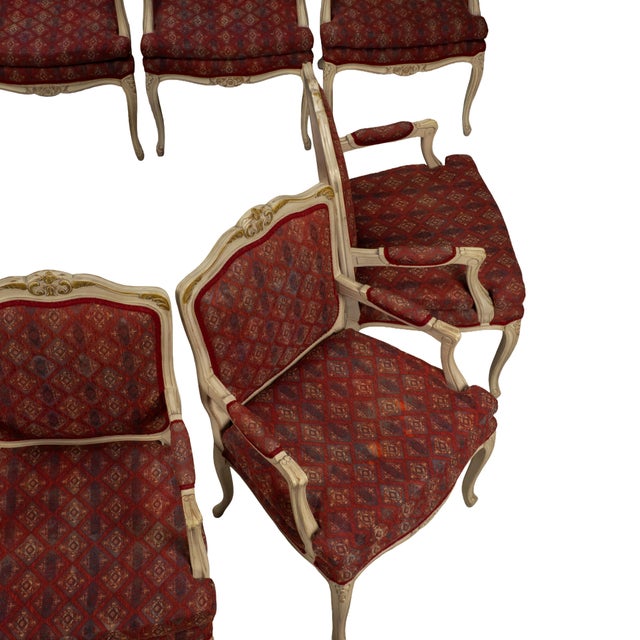 1970s French Provincial Dining Chairs Louis XV Style White Frame Upholstered -Set of 9 For Sale - Image 10 of 18